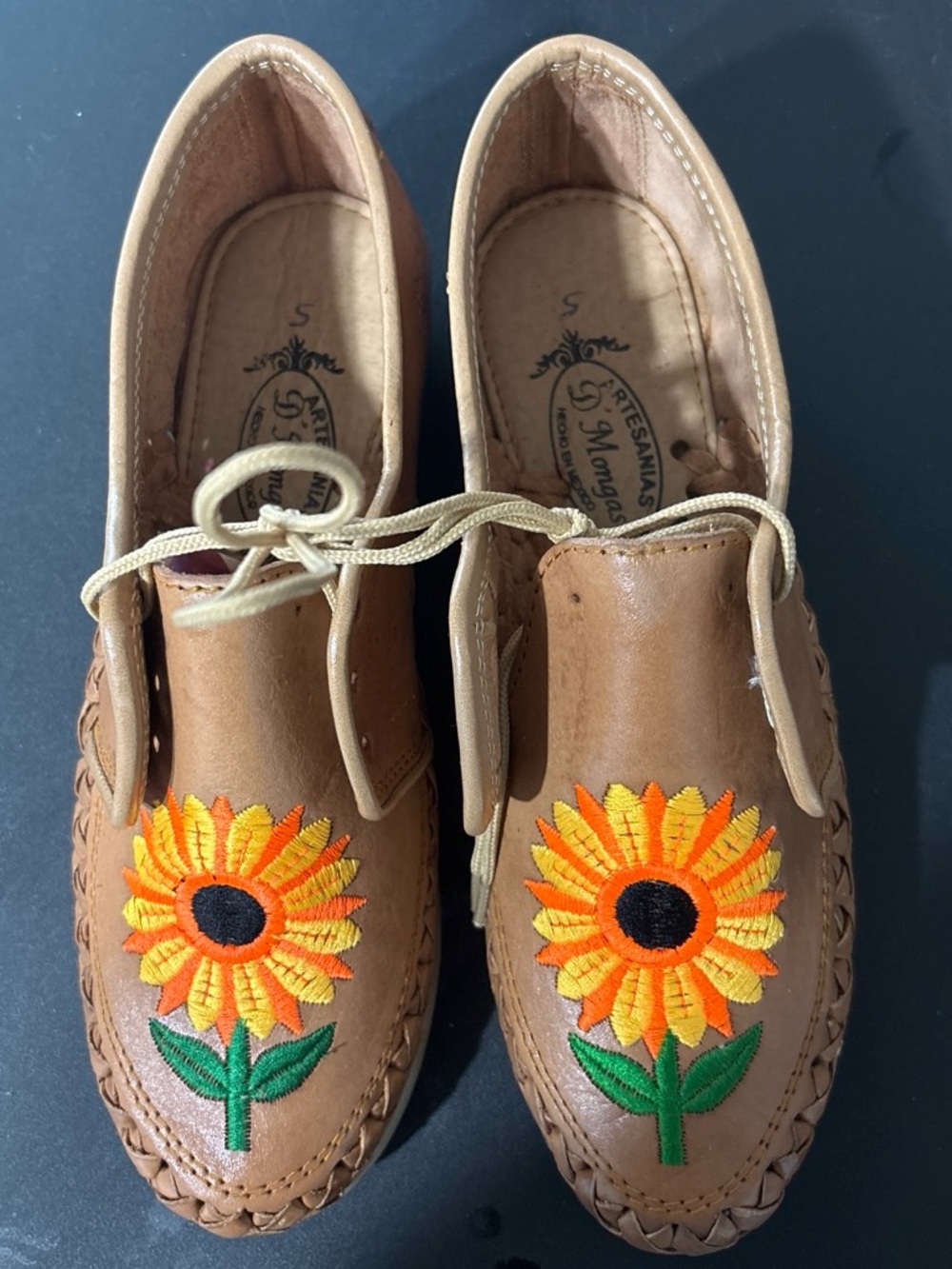 Girls Tan Leather Sunflower Embroidered Lace-Up Sandals